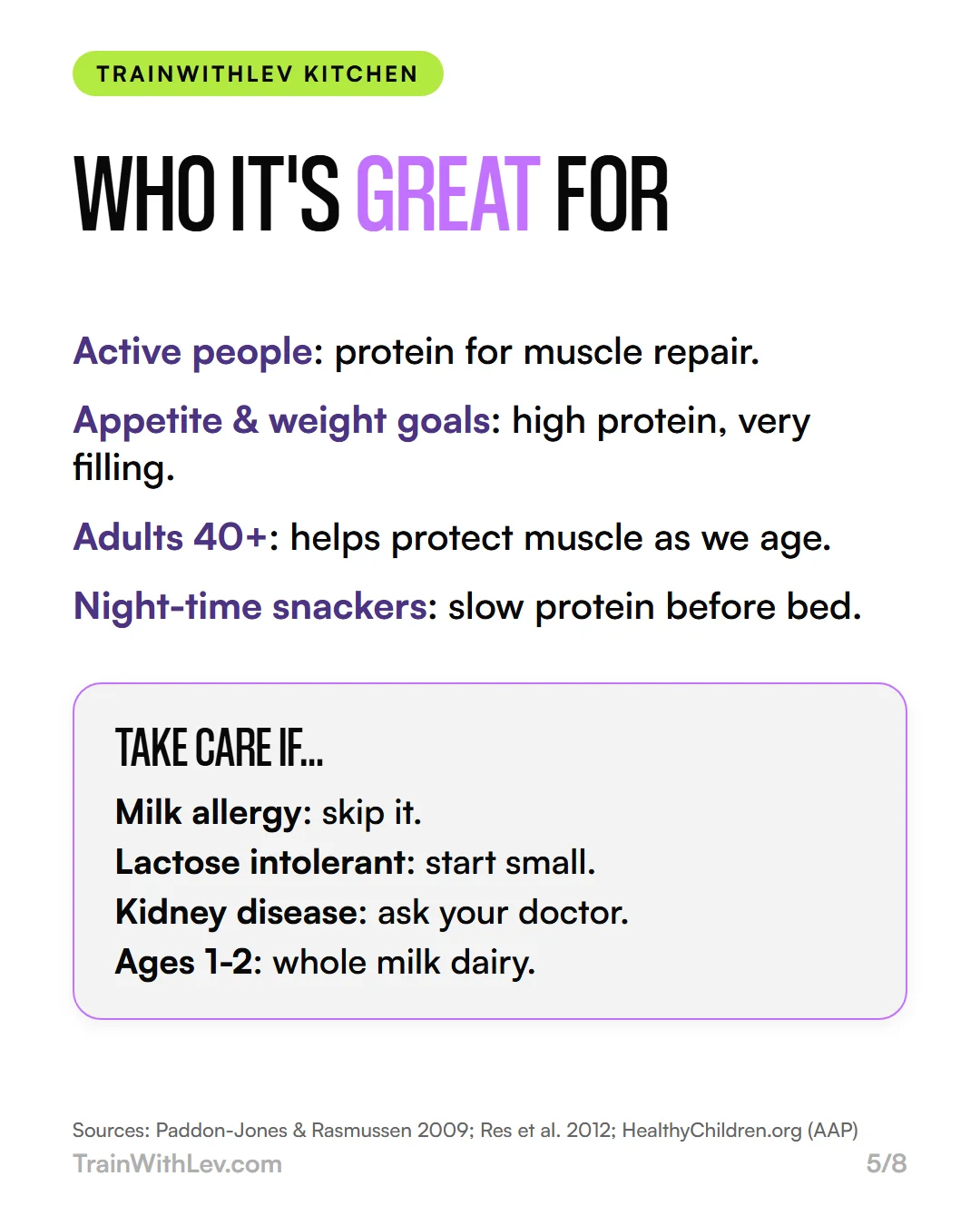 Infographic: great for active people, appetite and weight goals, adults 40+, night-time snackers; take care with milk allergy, lactose intolerance, kidney disease, under-2s