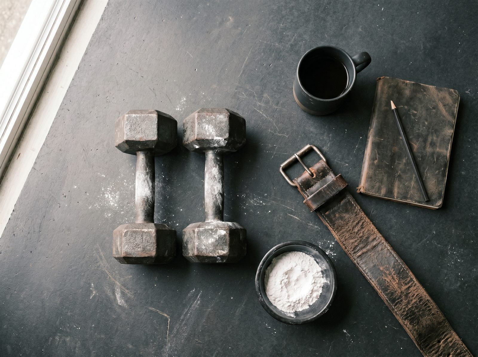 A lifter's kit on dark concrete: worn hex dumbbells dusted with chalk, a leather lifting belt, a bowl of chalk, a closed training notebook and black coffee.