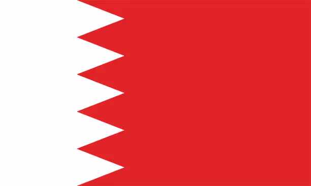 Flag of Bahrain with five white triangles on the left and a red field on the right.