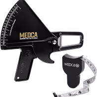 Black MEDCA handheld measuring caliper with a tape and adjustable dial against a white background.